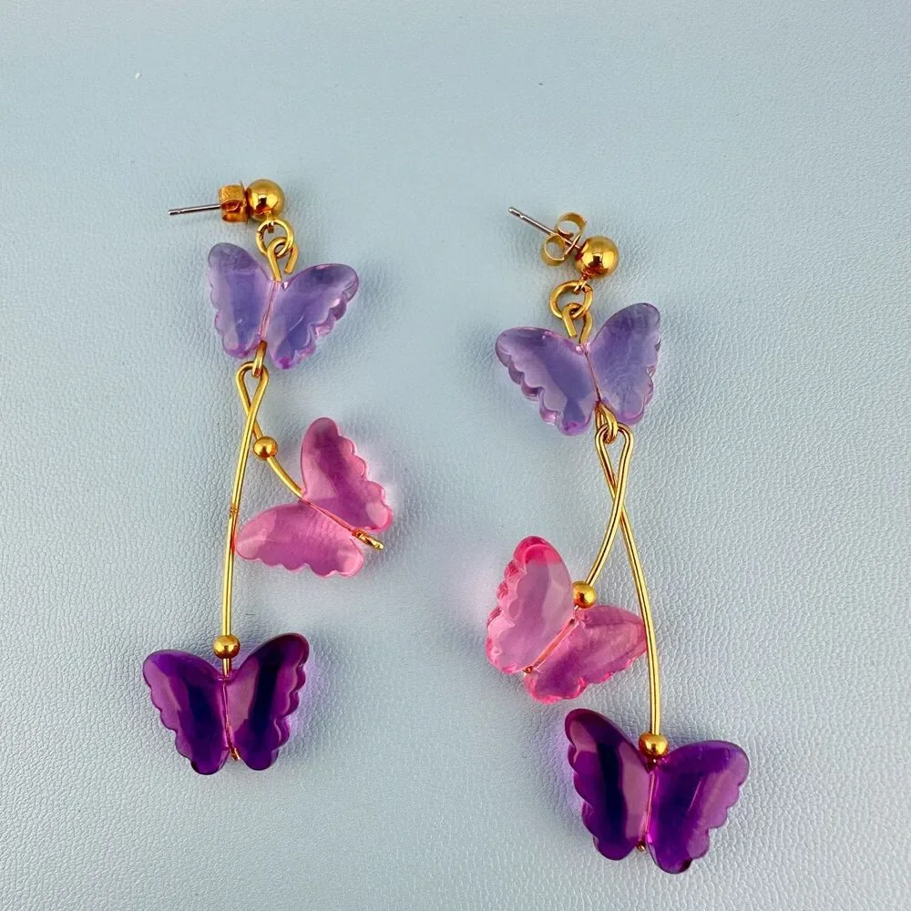 Vintage Butterfly Dangle Earrings Pink Purple Lucite Gold Tone Pierced Signed